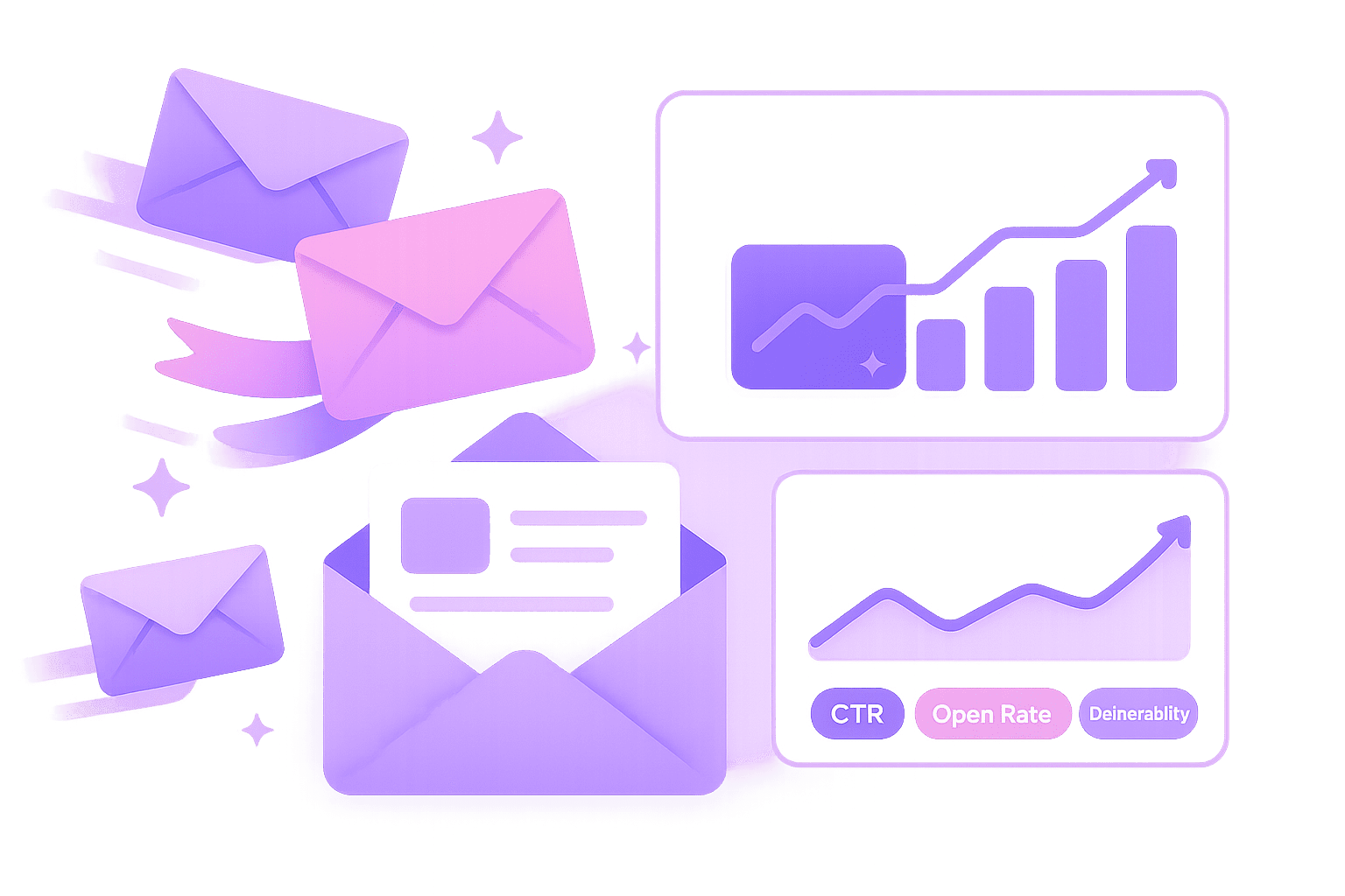 Illustration emailing épurée : enveloppe, jauges et courbes