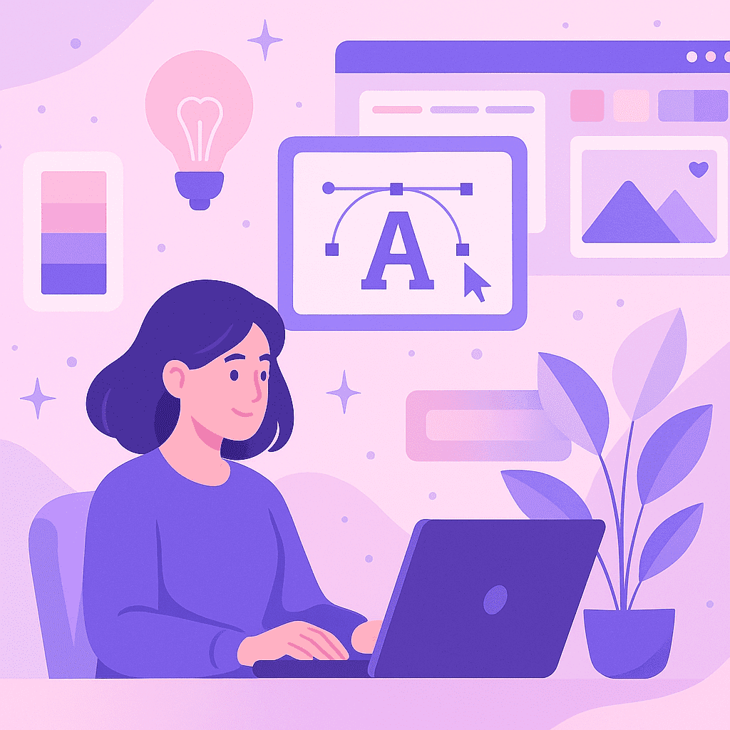 Designer travaillant sur un écran dans un studio pastel