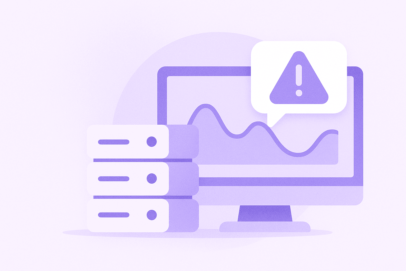 Illustration pastel : supervision & alerting e-commerce (serveurs, écran, alerte)